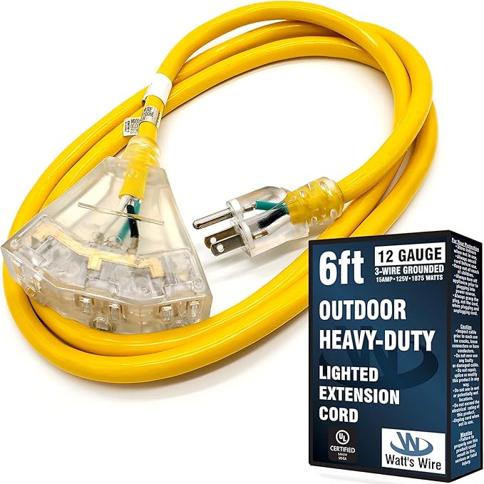 6 ft Short Outdoor Extension Cord Waterproof - 12 Gauge Heavy Duty Extension Cord Splitter Outdoor 6 ft - Lighted Outdoor Extension Cords with Multiple Outlets - Watts Wire - 6' Grounded