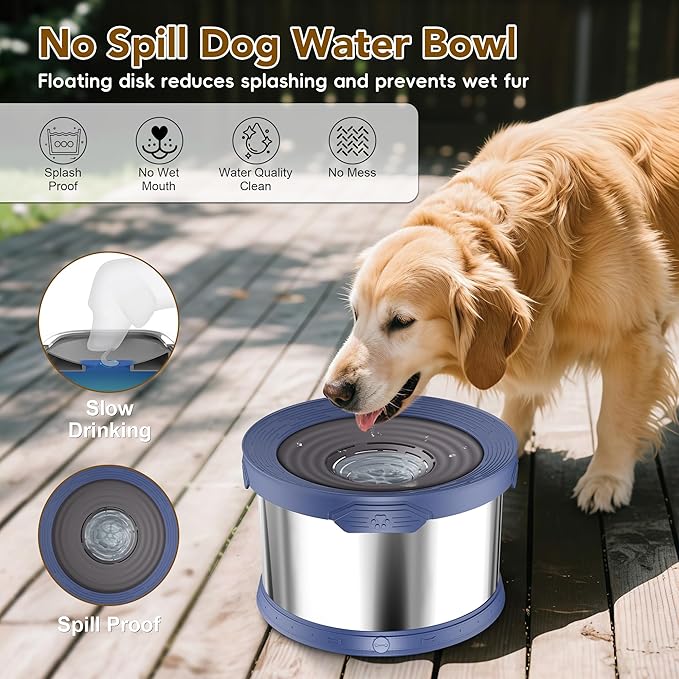 UPSKY Dog Water Bowl No Spill 8L Stainless Steel, 2.1 Gallon Large Capacity Spill-Proof Dog Bowls, Non-Slip Slow Drinking Anti-Splash Bowl for Large Messy Drinkers, No Mess Indoor/Outdoor Use, Blue