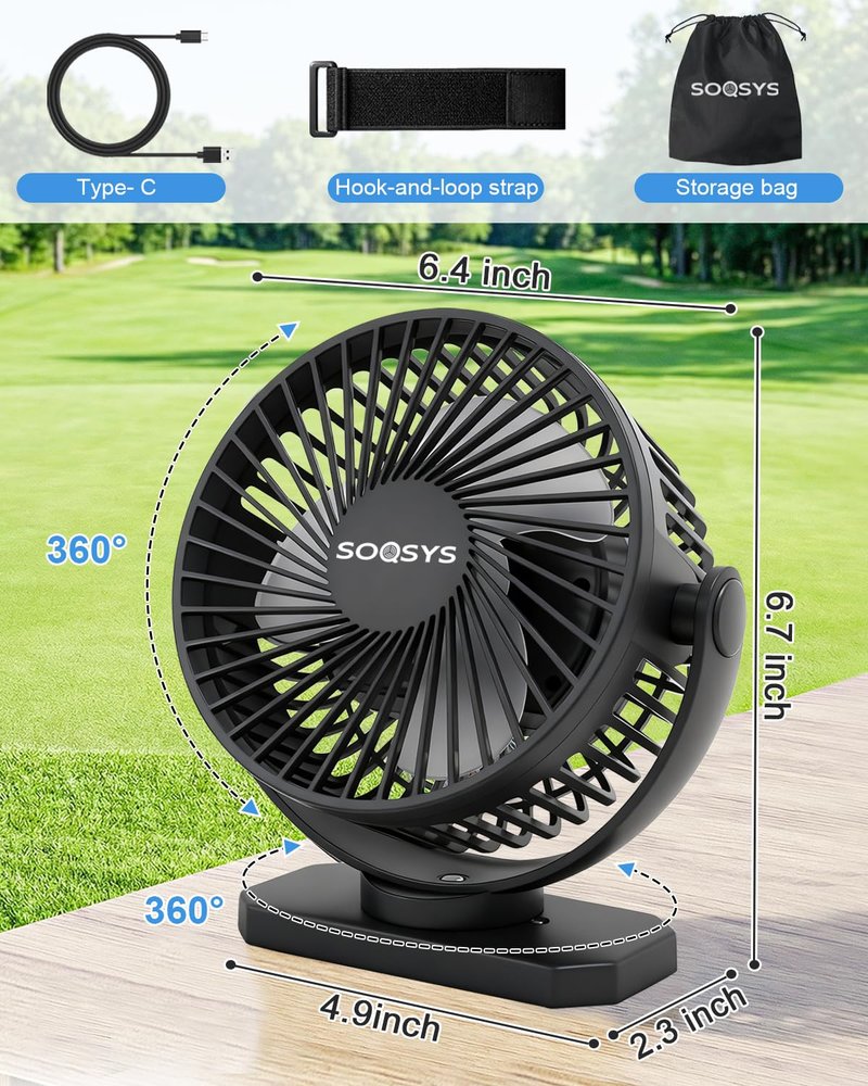 SOQSYS 12000mAh Golf Cart Fan Rechargeable Magnetic Base, Battery Operated Fan Portable with 3 Speeds, LED, Timers, Strap, Hook - Golf Cart Accessories Suitable for Club Car Camping Office Cruise Ship