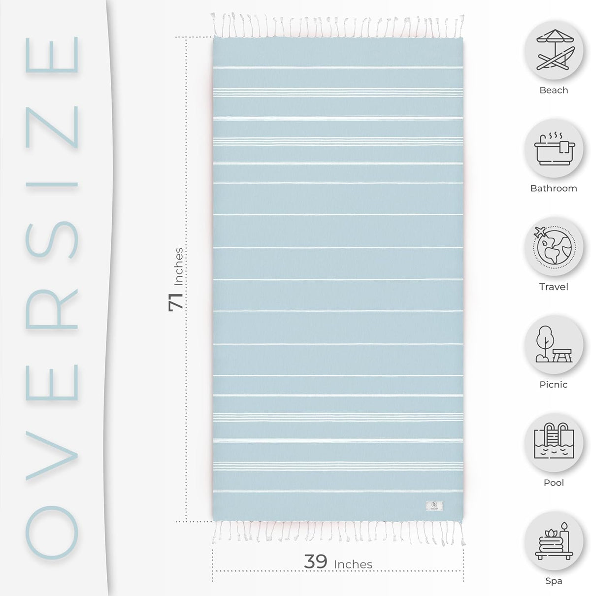 Ossano Turkish Beach Towel - Quick Dry & Absorbent Oversized (39" x 71") | Versatile Travel Blanket & Bath Mat in Baby Blue