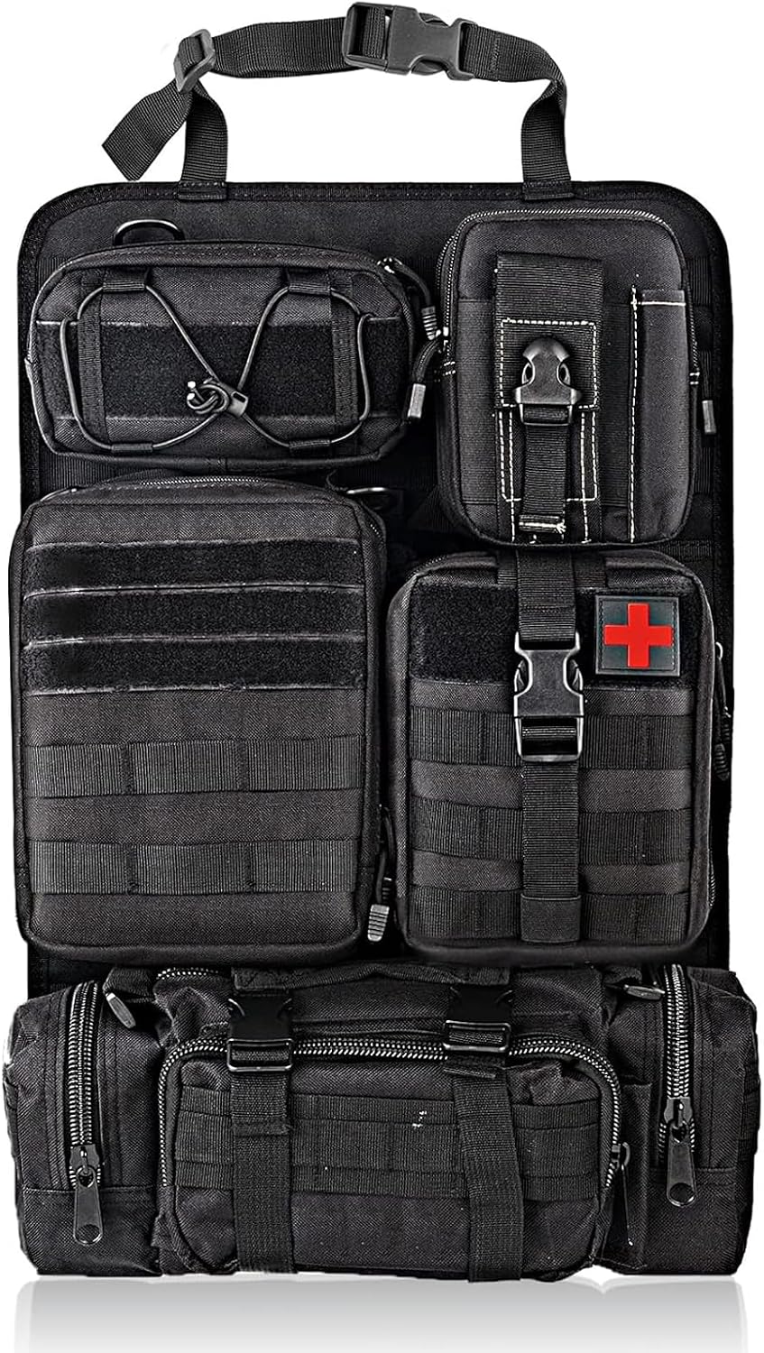 Tactical Car Seat Back Organizer with 5 Detachable Molle Pouches, 600D PU Waterproof Vehicle Seat Back Storage Bag, Universal Fit for Car, SUV, Truck, Pickup, Truck (Green)