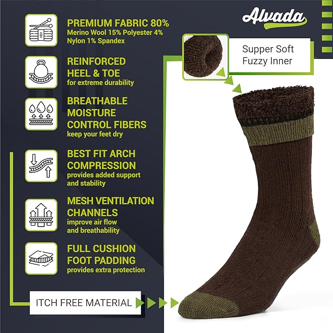 Alvada Warm Thermal Wool Socks for Winter Moisture Wicking and Breathable Cozy Boot Socks