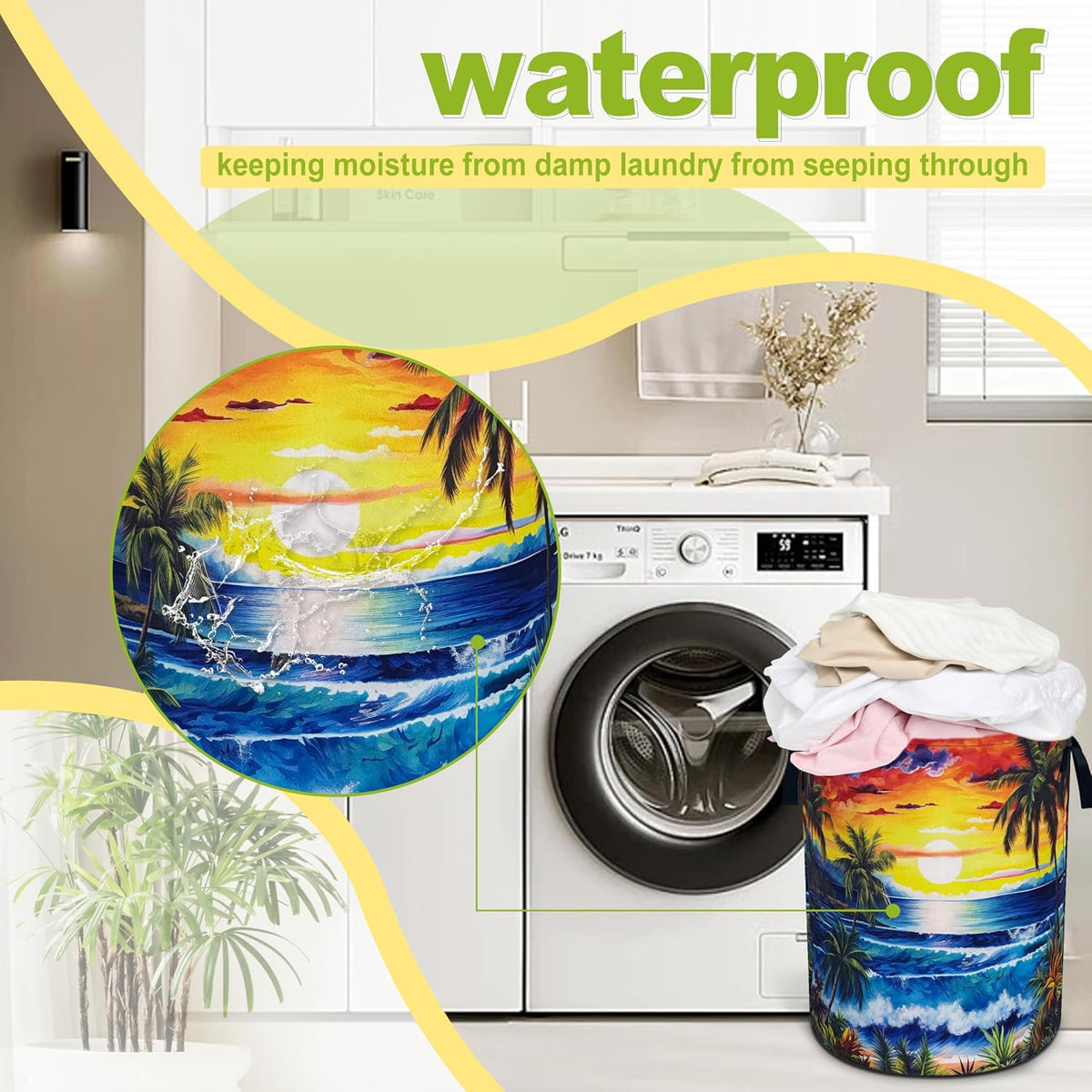 Hawaii Sunset Ocean Waves Laundry Basket Foldable Waterproof 18.9x16.5 Inch