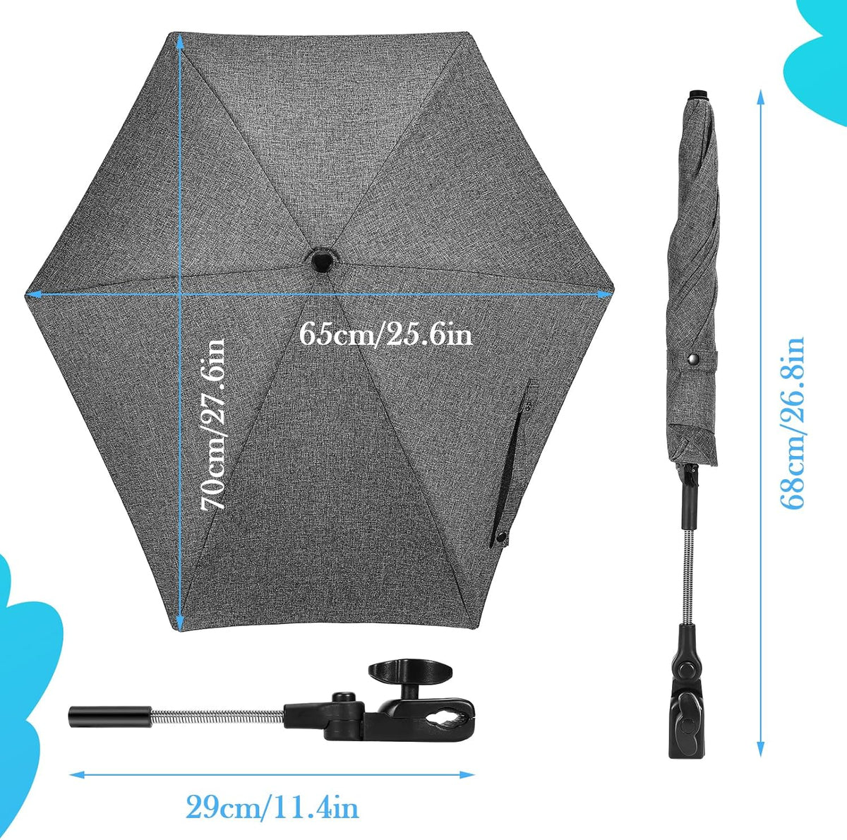 Skiennix Chair Umbrella - 78cm UV Protection Sun Shade with 360° Adjustable Clip-On Clamp for Strollers & Beach Chairs
