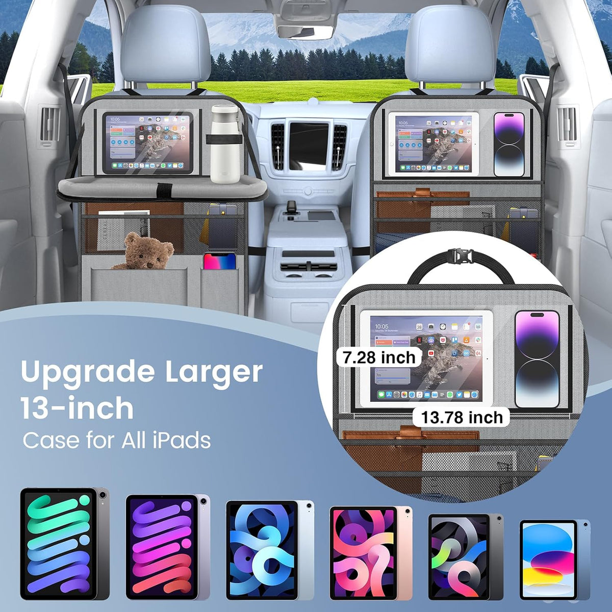 2PACK-Car Backseat Organizer with Touch Screen Tablet Holder,9 Storage Pockets Storage Organizer with Foldable Food Tray, Protector Kick Mats for Kids, Travel Accessories Organizer (Grey)