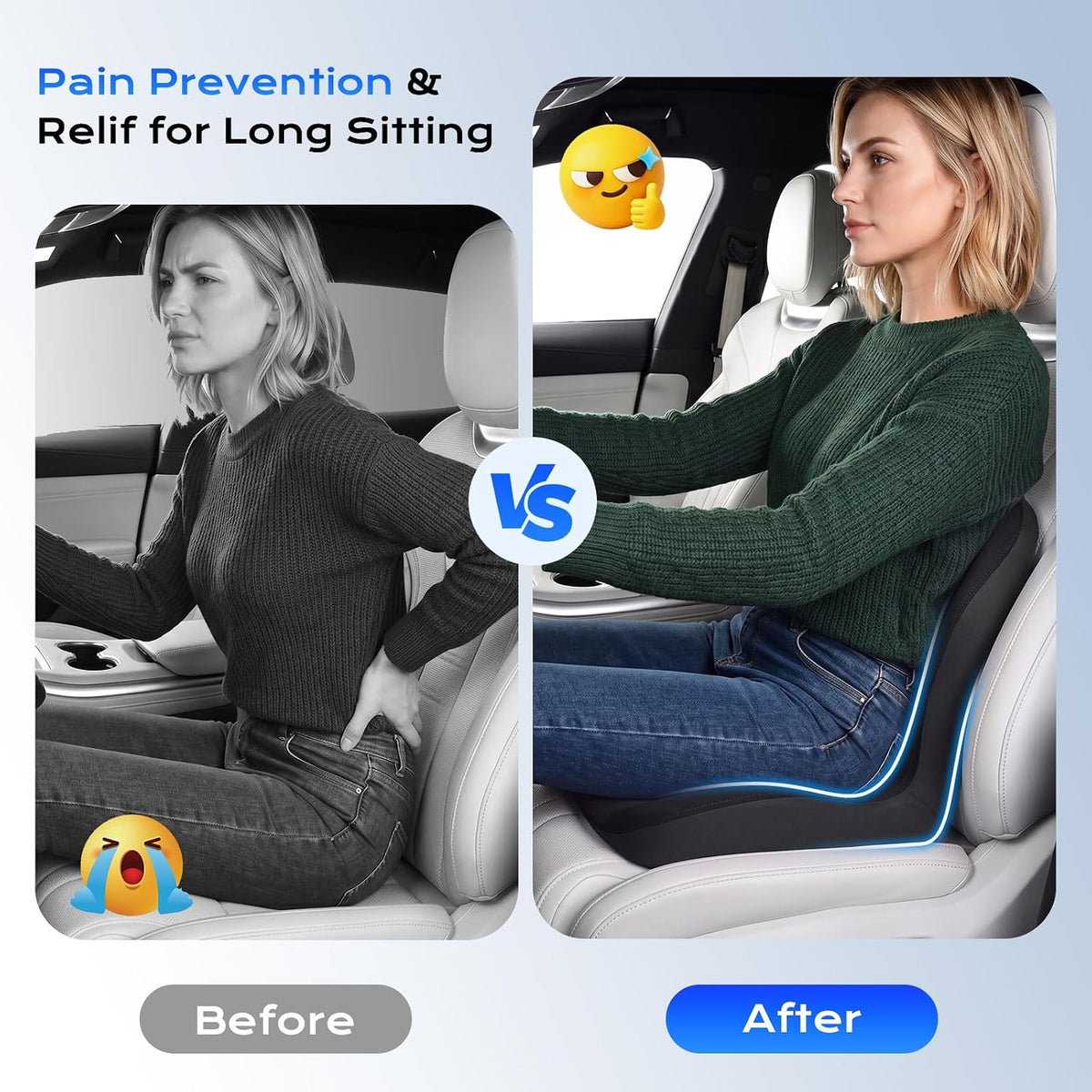 Coverado [Upgraded] Car Seat Cushion and Lumbar Support Pillow One Piece, Memory Foam Ergonomic Back Support Driving Seat Cushion for Back Pain, Non-Slip Washable Cushion for Car, Driver, Office