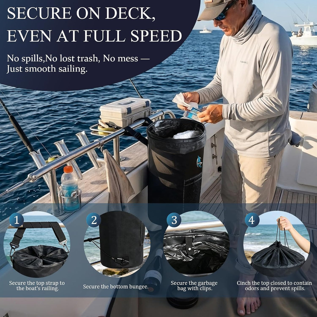 Portable Boat Trash Can,Reusable Marine Trash Bag Boat Accessories, Odor & Leak Resistant Fits 10-13 Gal Garbage Bags, Easy Install & Clean, Fishing, Kayak & Pontoon Boats , Cool Boating Gifts for Men