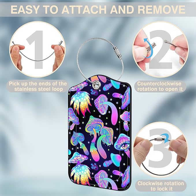 Colorful Mushrooms Set of 2 Luggage Tags for Suitcases Leather Suitcase Tags Identifiers with Privacy Name Address Label and Stainless Steel Loop for Women Men Travel Luggage Accessories