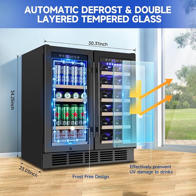 30 Inch Wine and Beverage Refrigerator, Dual Zone 30" Wine Fridge Under Counter/Freestanding, 30 Inch Wide Beverage Cooler with Glass Door, Holds 30 Bottles & 110 Cans for Home Bar Office, Black