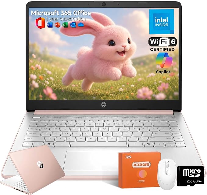 HP 14 Laptop for Students and Home Use, Intel Processor N150, 16GB RAM | 128GB UFS+256GB MSD, 14" HD Display, Wi-Fi 6, 1-Year Microsoft 365, Copilot AI Key, Lightweight, Pale Rose Gold, W/Mouse