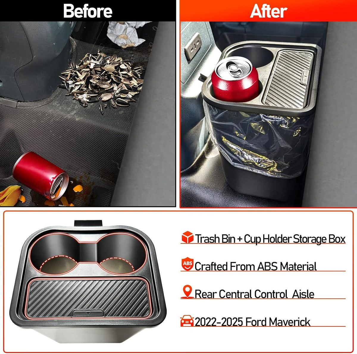 Trash Can for Ford Maverick 2025 2024 2023 2022,Upgraded Rear Trash Bin with Dual Cup Holder for Maverick Interior Accessories,Multi-Function Insert Expander Storage Box Organizer 2025 New