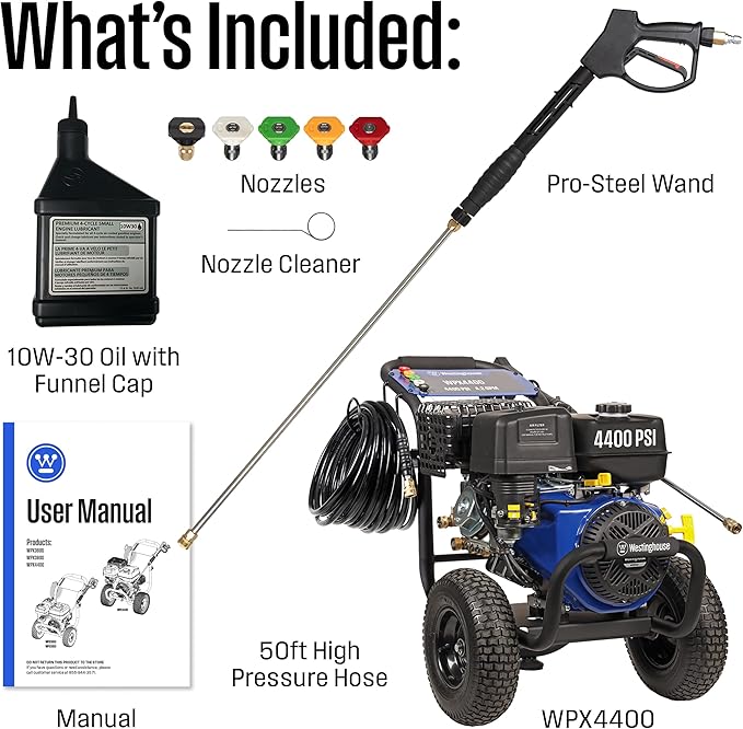 Westinghouse WPX4400 Gas Pressure Washer, 4400 PSI and 4.2 GPM, Spray Gun and Wand, 5 Nozzle Set, for Cars/Fences/Driveways/Homes/Patios/Furniture