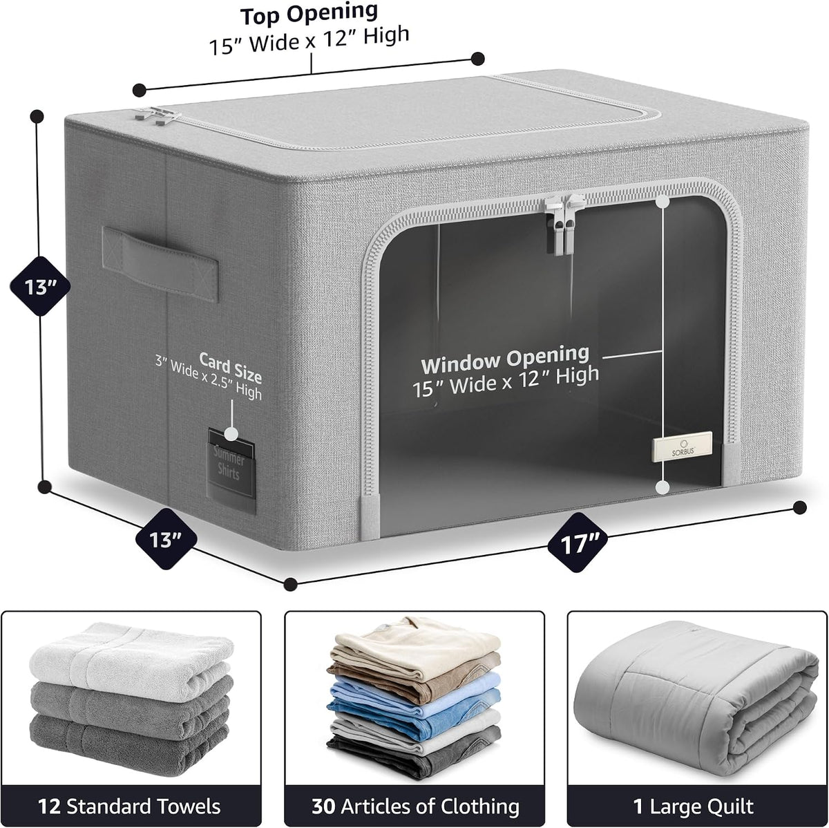 Sorbus Storage Bins with Metal Frame - Stackable &amp; Foldable Clothes Organizer Bags - Oxford Fabric Storage Containers with Large Clear Window &amp; Carry Handles Organization for Bedding Linen &amp; Clothing