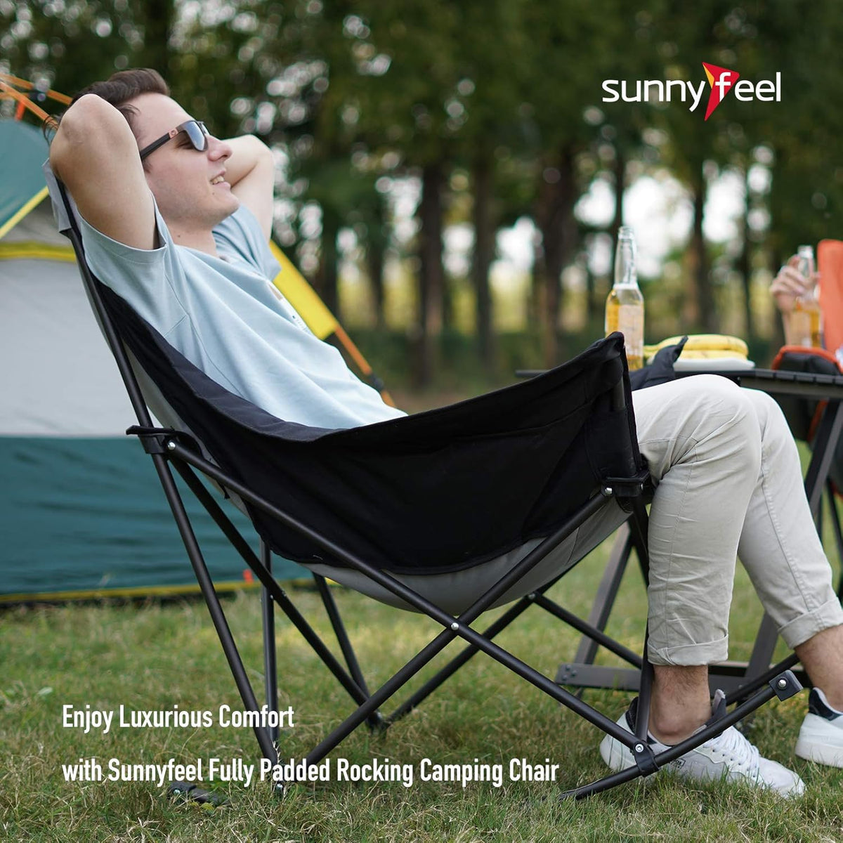 SUNNYFEEL Oversized Rocking Camping Chair - Fully Padded High Back Recliner with Side Pocket | 500 LBS Capacity
