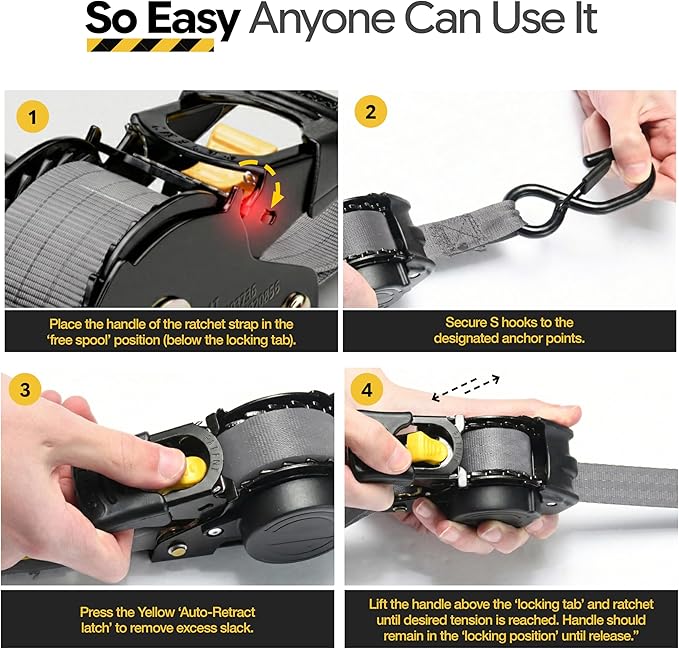 AUGO Retractable Ratchet Straps | 2 Heavy Duty Ratchet Straps Self Retractable Tie Downs with Soft Loops & Storage Bag for Motorcycle, Truck, Trailer, Cargo Van | 1200 Lb Break Strength 1” x 10’