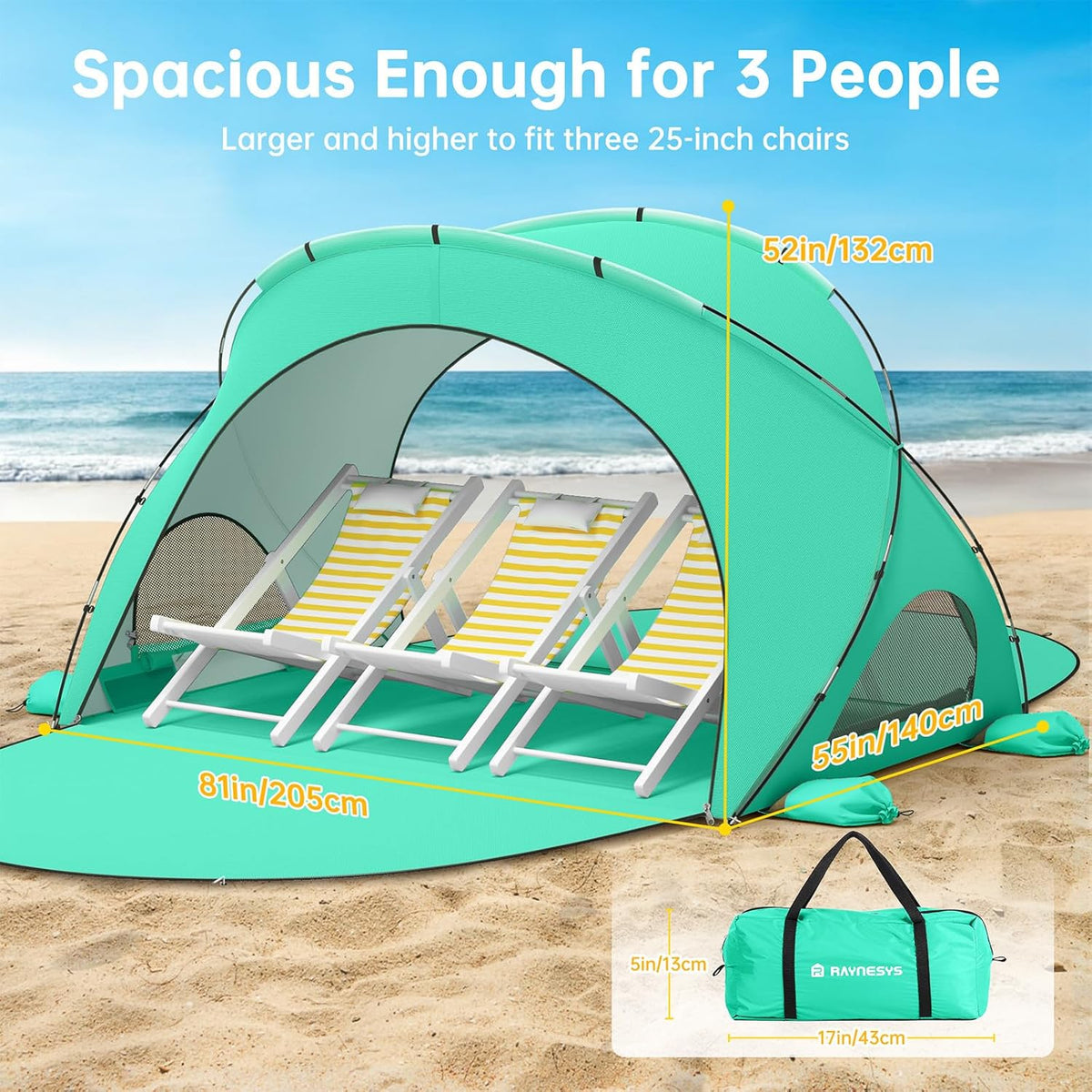 Raynesys Beach Tent - Portable Sun Shelter for 1-3 People | Green Shade with 2 Zippered Doors
