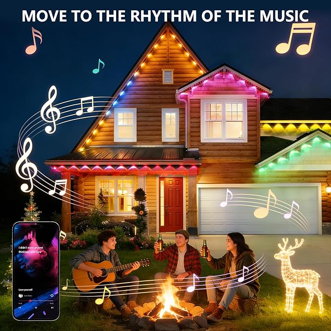 YFL 100ft Permanent Outdoor Lights, Smart RGB LED Eaves Lights with App & Remote Control, IP65 Waterproof, Music Sync & DIY Scenes, 60 LED Dreamcolor String Lights for Christmas, House & Patio Decor