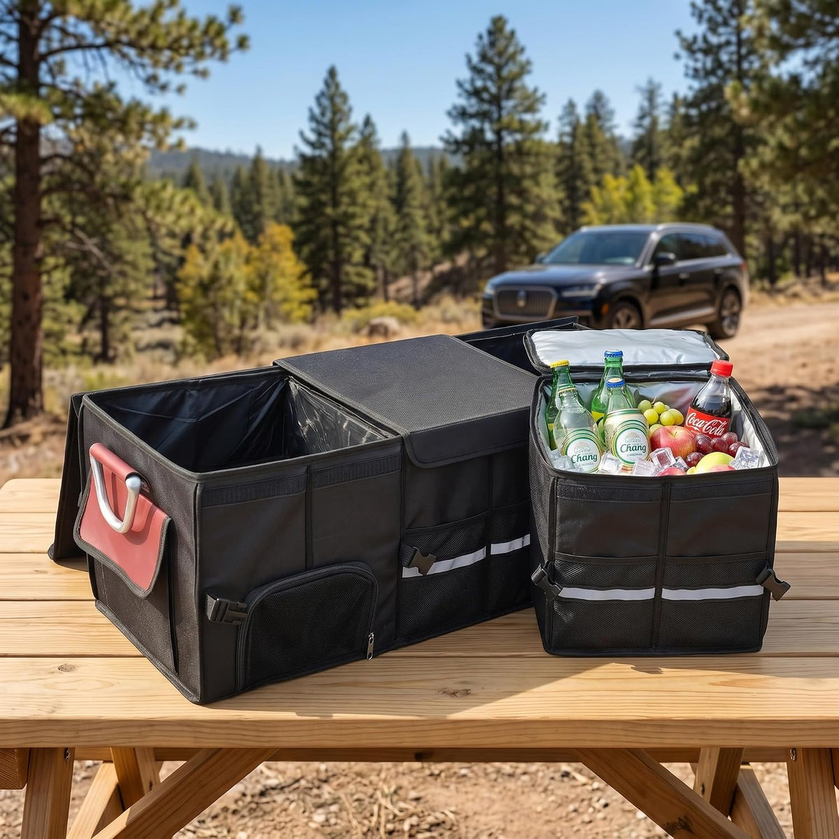 J&J Extra Large Collapsible Car Trunk Organizer With Cooler Bag | L:35.4" ,112L Car Trunk Organize,31.5L Cooler Bag,1680D oxford fabric, durable material,Suitable for SUV and Truck