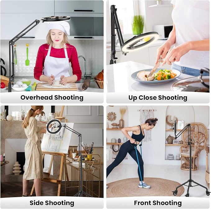 LUXSURE Tripod for iPhone with Ring Light, Overhead Camera Mount with Casters