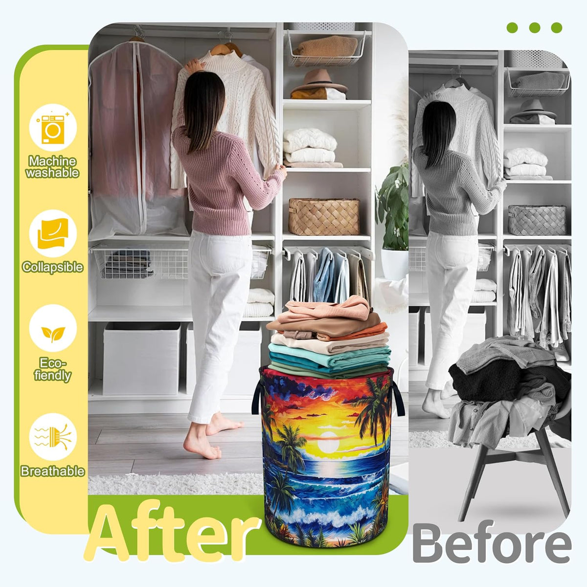 Hawaii Sunset Ocean Waves Laundry Basket Foldable Waterproof 18.9x16.5 Inch