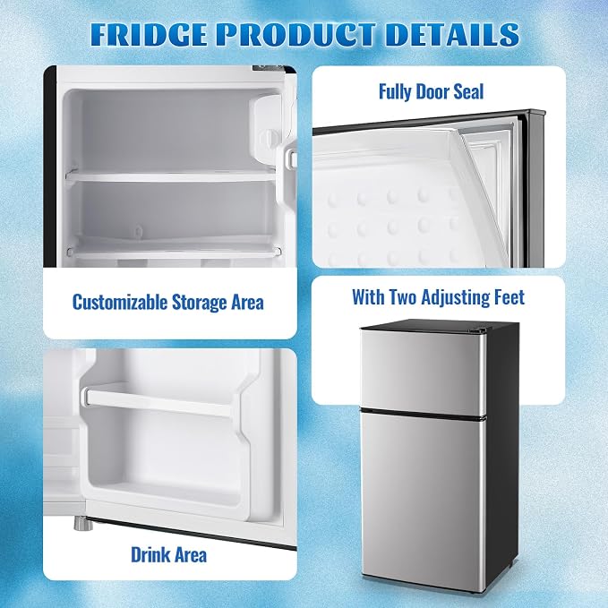 Mini Fridge with Separate Freezer Compartment Double Door Small Refrigerator with 7 Adjustable Temp Control Ideal for One Person Use & Dorm Apartment Office Silver