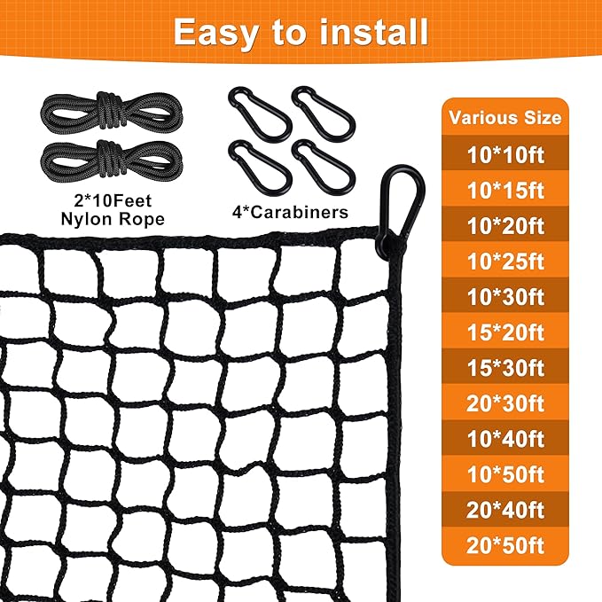 Nylon Golf Net 10-50ft - Practice Hitting Net With Rope and Carabiners, Durable Weatherproof Barrier for Baseball, Hockey, Soccer