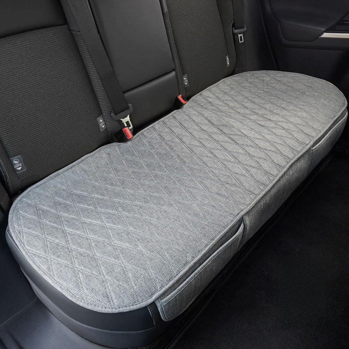 Universal Grey Anti-Slip Rear Car Seat Cover Size S - Faux Linen Bottom Bench Seat Cushion Fits Most of Vehicles Cars Truck SUV Van - Automotive Long Back Seats Protectors with Storage Pocket