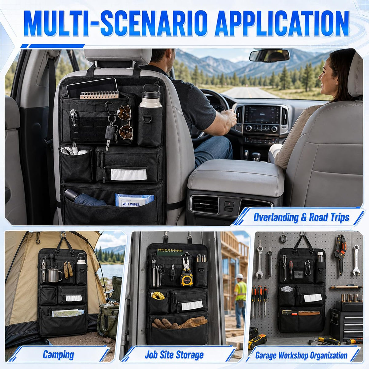 Tactical MOLLE Car Seat Back Organizer, Universal Vehicle Backseat Storage Organizer with Detachable Pouches, Multi Pockets Car Travel Essentials Accessories, Fit Car Truck SUV Jeep