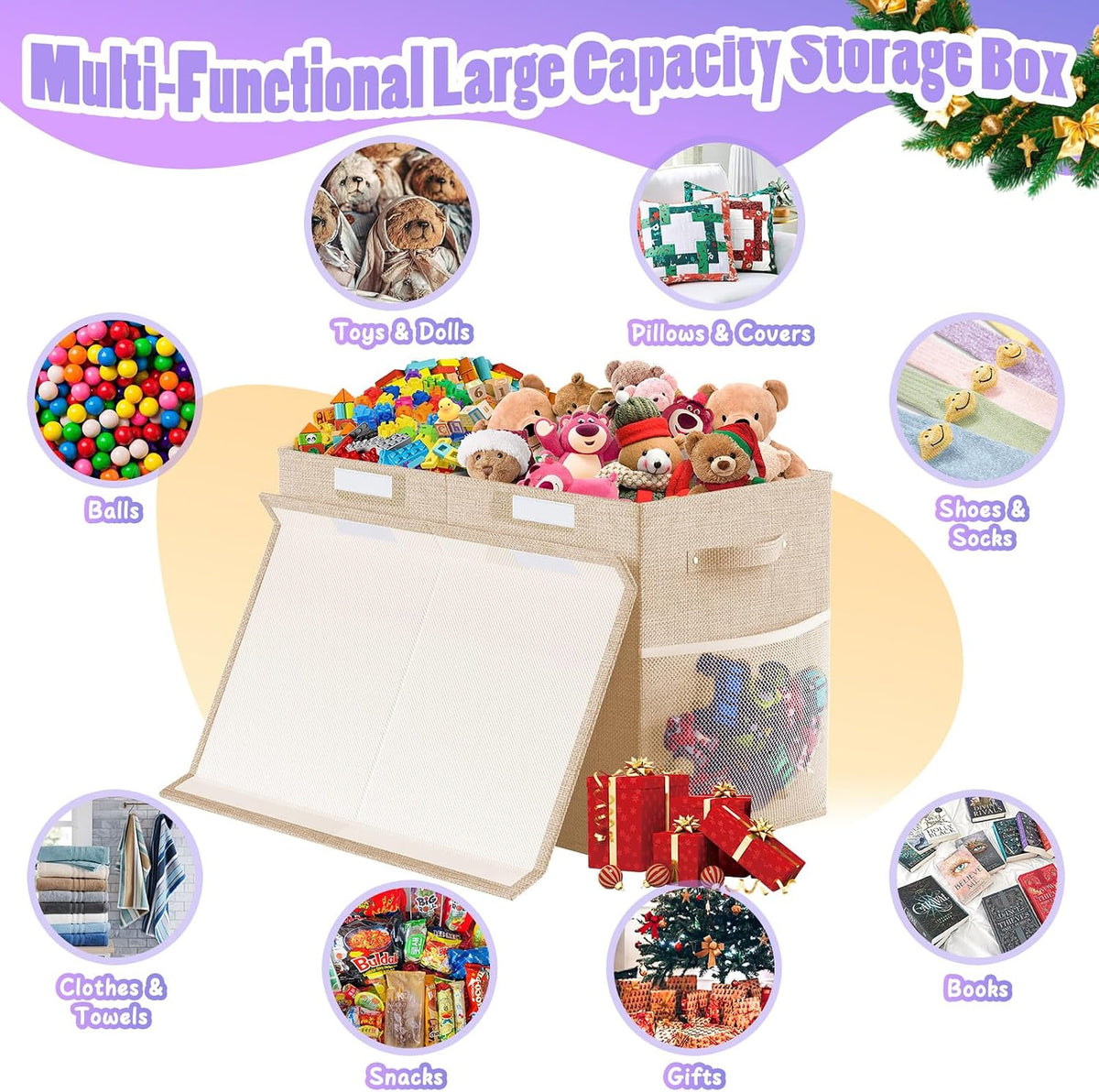 Large Toy Storage Box with Lid Divider, Sturdy Collapsible Toys Organizer Chest Kids Storage Bins Boxes Baskets for Boys, Girls, Nursery, Bedroom, Living Room, Playroom, 25"x13"x16", Beige
