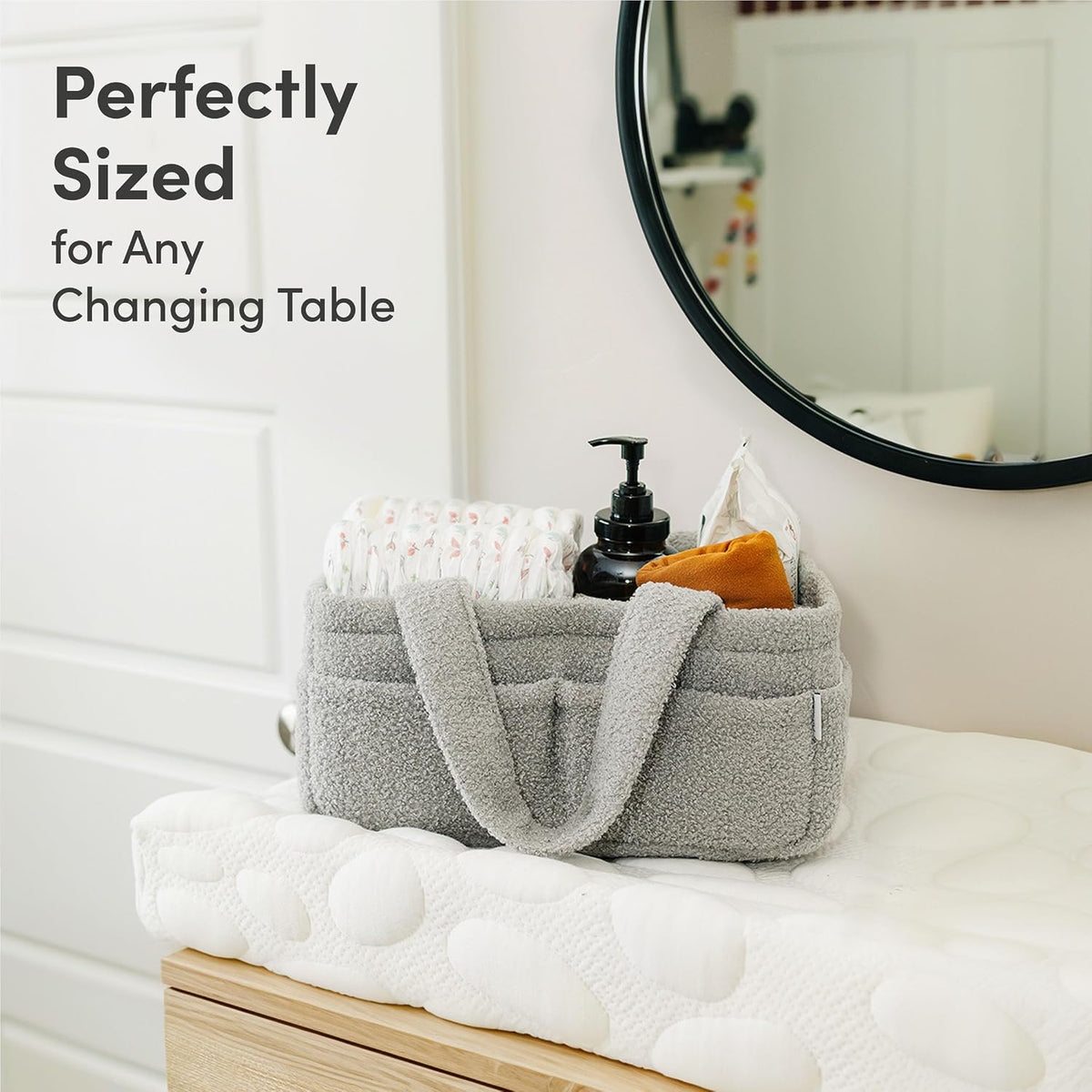 PUTSKA Baby Diaper Caddy Organizer for Changing Table – Stylish Nursery Storage Basket, Newborn Essentials, Baby Shower Gifts and Registry Must-Haves for Boy or Girl, Car Diaper Caddy, Fleece Grey
