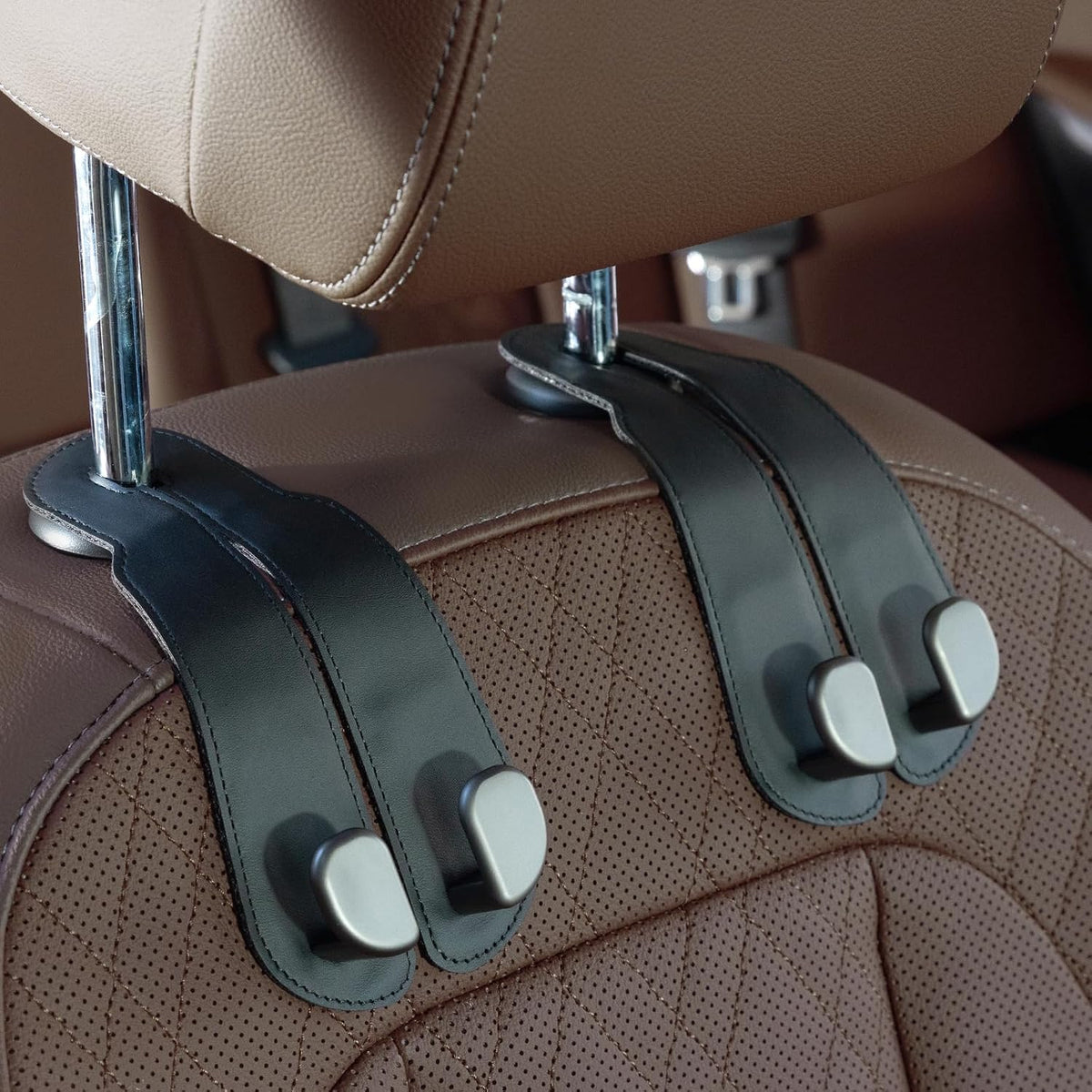 CoBak Purse Hook for Car - Universal Premium Stitched Leather and Aluminum-Magnesium Alloy Double Car Seat Back Storage Hook for Purses, Handbags, Bags (4 Pack),Brown