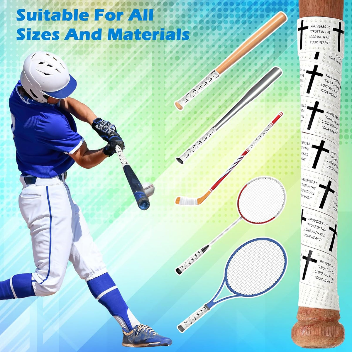 Pushglossy Baseball Bat Grip Tape - 1.1mm Precut Non-Slip Adhesive Softball Wrap | Faith Cross Design