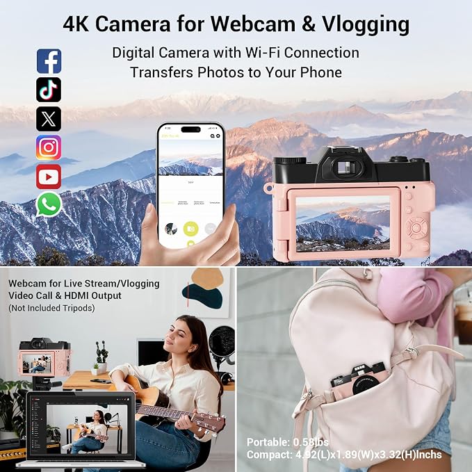 4K Digital Camera for Photography, 75MP WiFi Vlogging Camera for YouTube