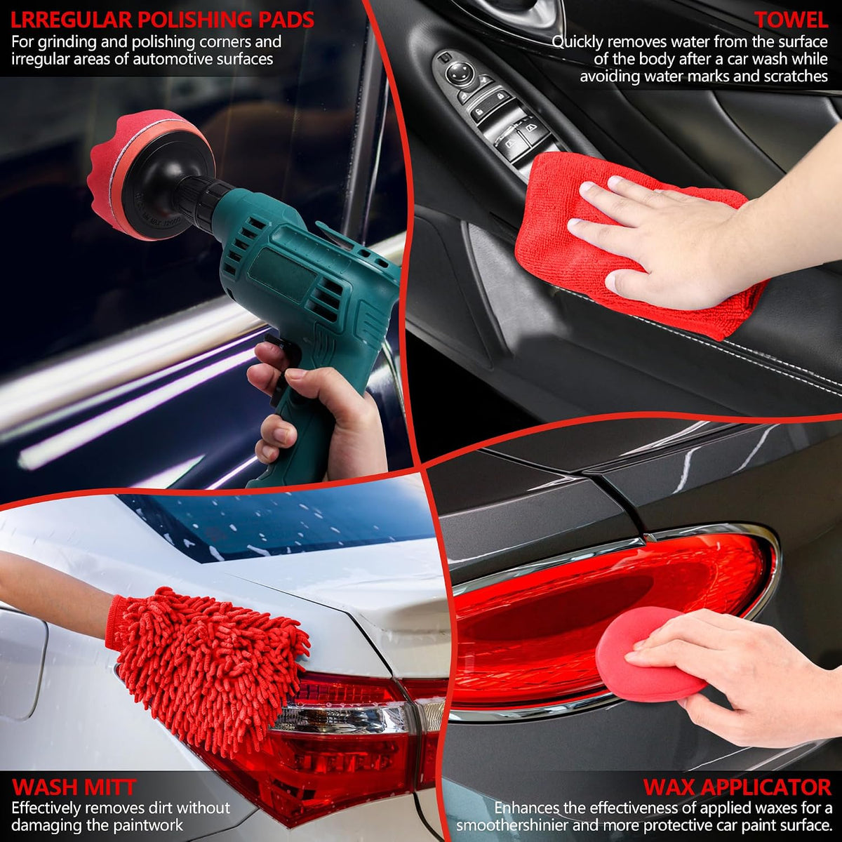 32Pcs Red Car Detailing Kit – Brush Set & Cleaning Kit with Drill Brush, Polishing/Waxing Pads, Interior/Exterior Tools for Wheels & Windshield – Portable Handbag