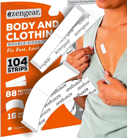aZengear Double-Sided Body Tape - Strong Adhesion for Clothes, Hijab & Dress | 104 Strips, Transparent