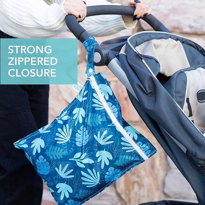 Bumkins Waterproof Wet Bag, Washable, Reusable for Travel, Beach, Pool, Stroller, Diapers, Dirty Gym Clothes, Wet Swimsuits, Toiletries, 12x14 – Blue Tropic