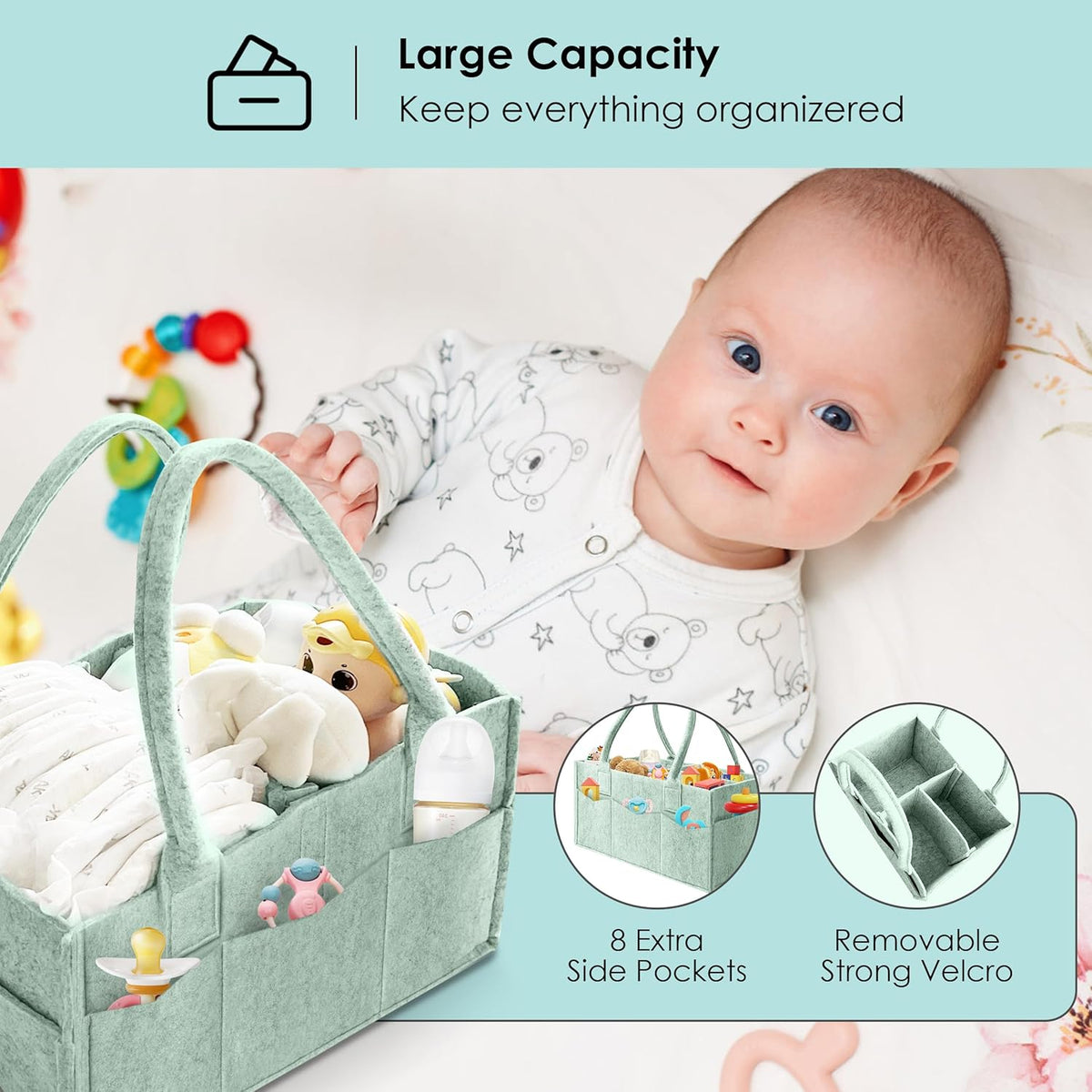 HIPHOP PANDA 2-Pack Diaper Caddy Organizer - Nursery Storage Bin & Car Organizer for Diapers, Wipes, and Baby Essentials - Dual-Color Solid Set (Green/Oatmeal), Large Size