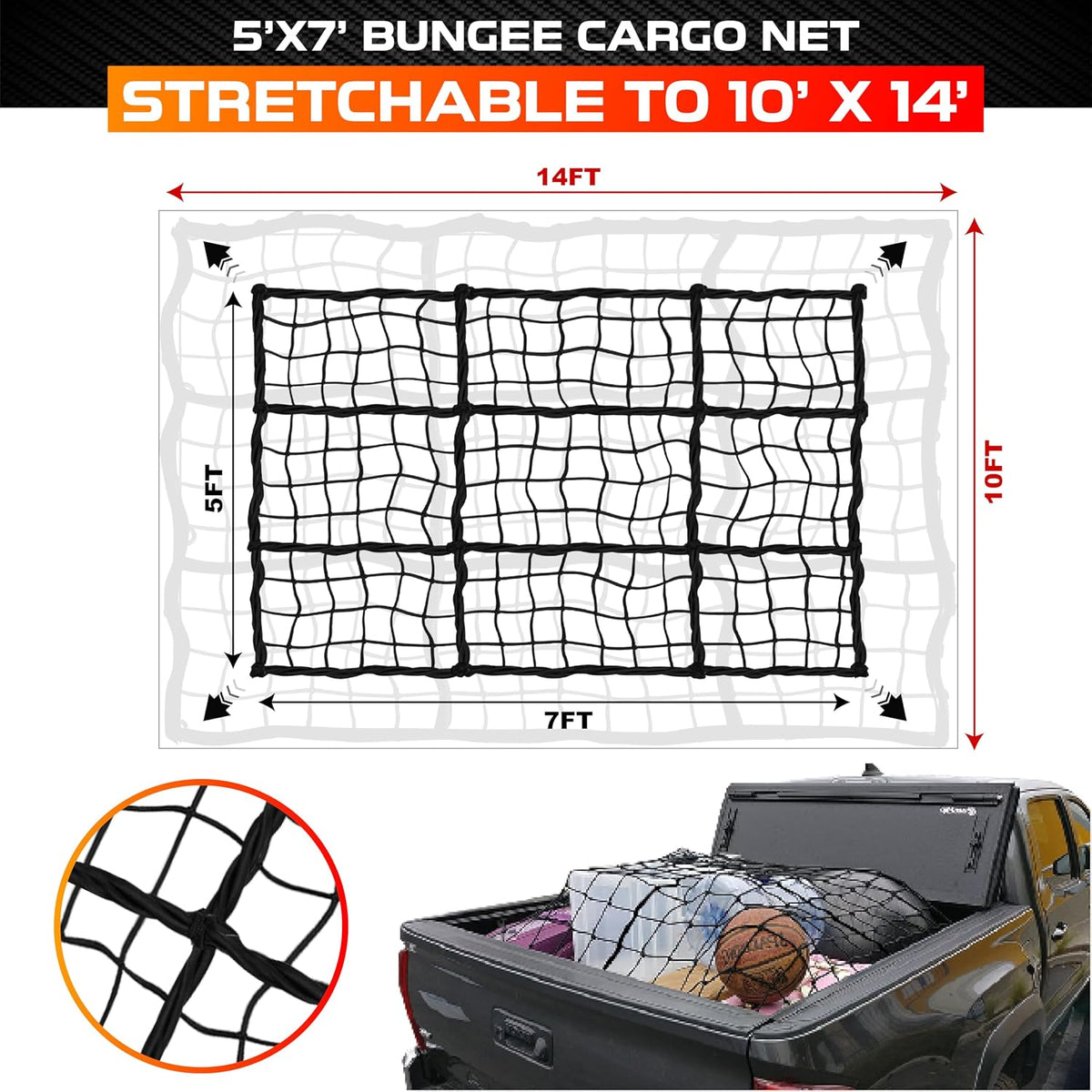 5'x7' Cargo Net Pickup Truck Bed Stretch to 10'x14' Heavy-Duty 10mm Bed Net