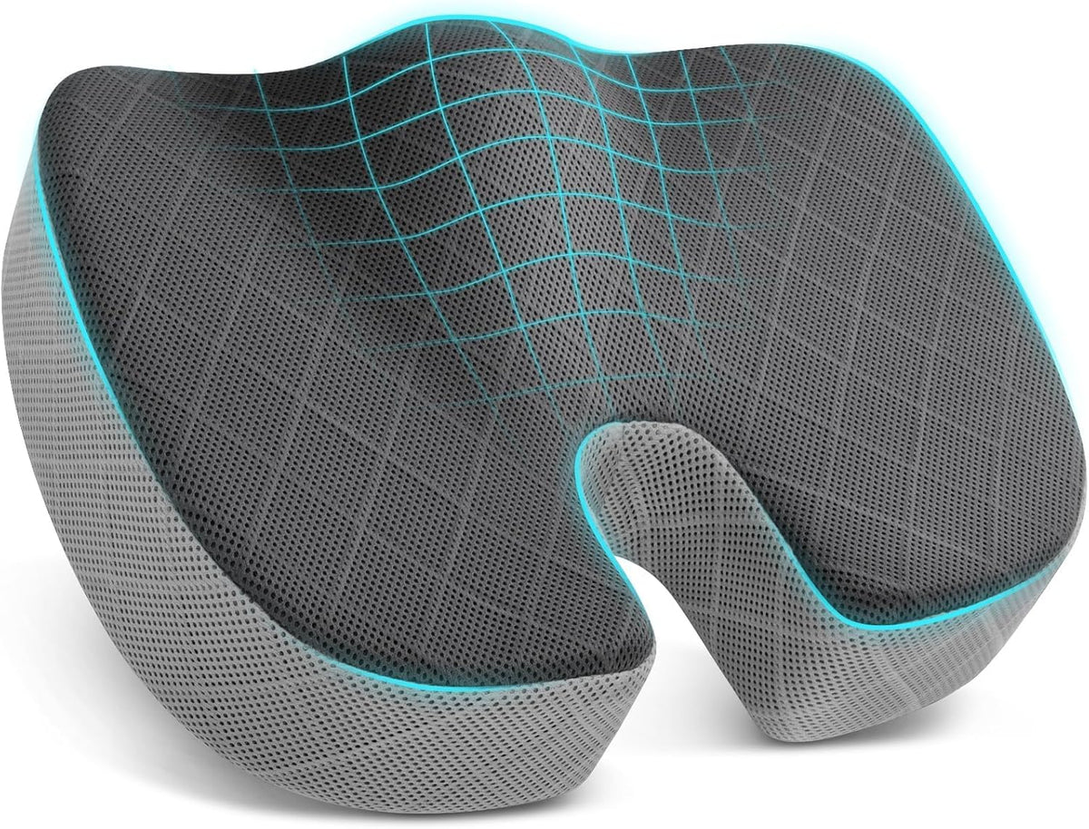 TushGuard Office/Car Seat Cushion, Non-Slip Sciatica & Back Coccyx Tailbone Pain Relief Chair Pad, Memory Foam Butt Pillow for Computer Desk, Wheelchair, Driving (Black&Grey)