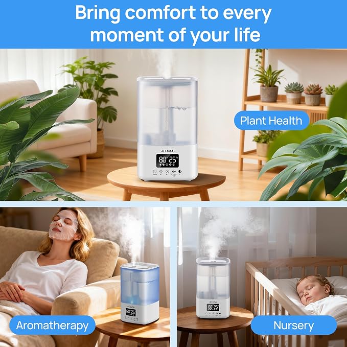 5L Top Fill Ultrasonic Humidifier,Cool Mist Humidifiers with Timer & Humidity Control for Bedroom, Baby, Large Rooms & Plants (White-2)