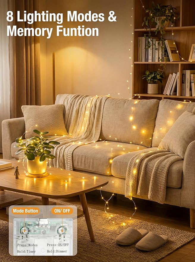 btfarm 3 Pack Fairy Lights Battery Operated with Timer, 16.4 FT 50 LED Silver Wire Twinkle String Lights 8 Modes Dimmable Waterproof for Indoor Christmas Bedroom Wedding Decorations, Warm White
