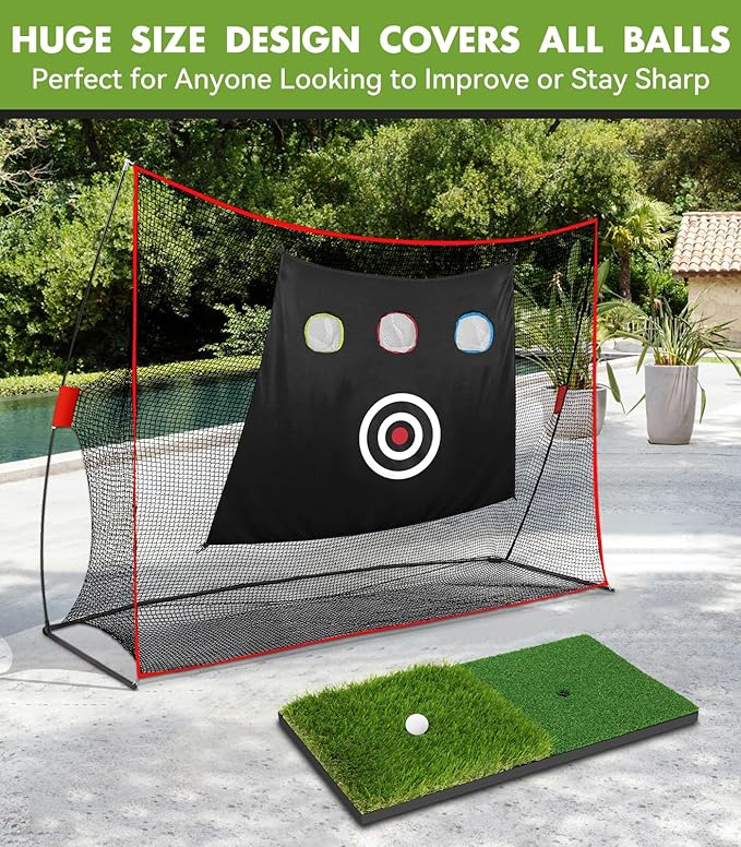 Golf Net: 10x7ft Heavy Duty Golf Practice Net for Indoor/Outdoor Training, Portable Golf Hitting Net with Carry Bag, Ideal Golf Training Aid for Golfers Backyard Driving Chipping Swing (Standard)