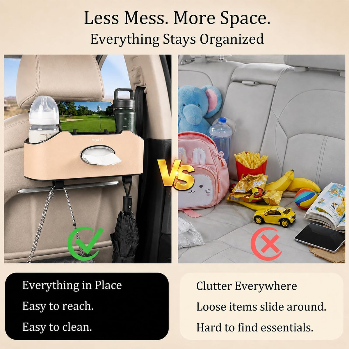 Mu&Ti Back Seat Car Organizer with Cup Holders Tissue Box Holder, Phone Stand and Hooks Multifunctional 4 in 1(Beige)