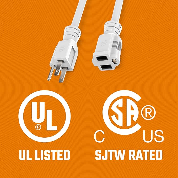 Heavy Duty Extension Cord/Wire Power Cable, Indoor/Outdoor, 16/3, Single Outlet, 25 Feet, UL Listed, White