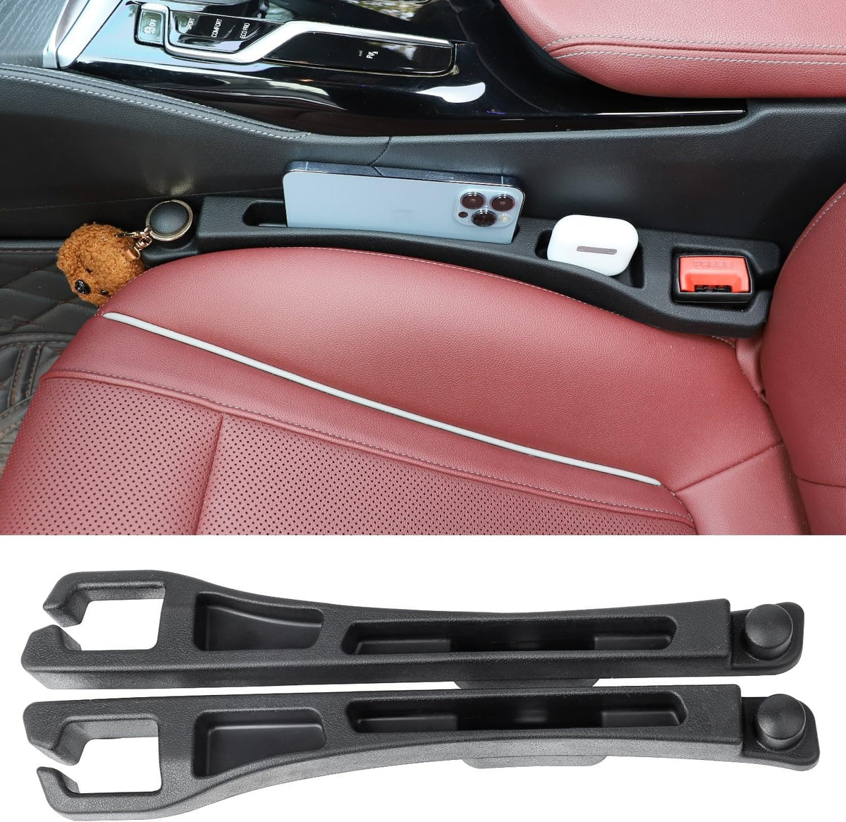 Carseat Gap Filler Organizer 2 Pack, 6 in 1 Car Side Seat Gap Plug Strip with Storage Slot, Window Breaker and Hook, Automotive Seat Catcher or Spacer Interior Accessories Between Seats & Console
