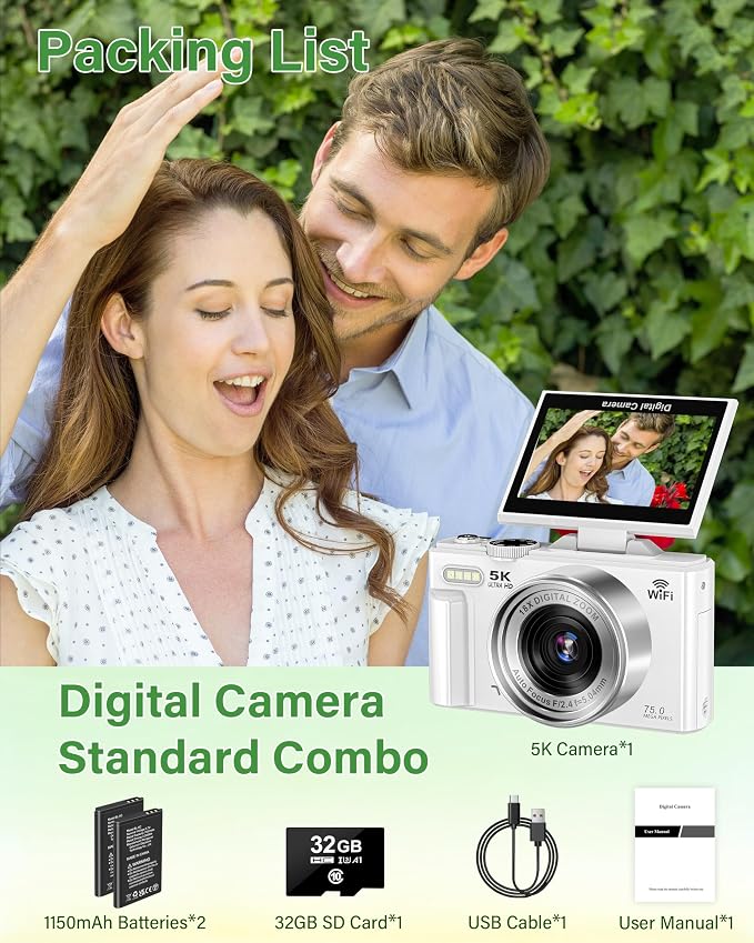 5K Digital Camera for Photography, 75MP WiFi Vlogging Camera for YouTube