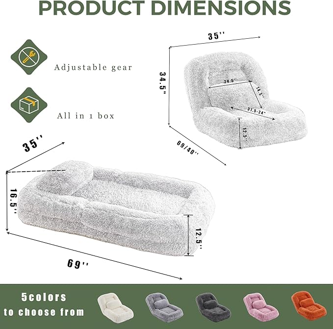 Human Dog Bed for Adult and Kids, Comfy Foldable Lazy Floor Sofa Bed with 5 Adjustable Position, Grey Upholstered Floor Bean Bag Lounger Chair for Bedroom, Living Room,Office (Gray)