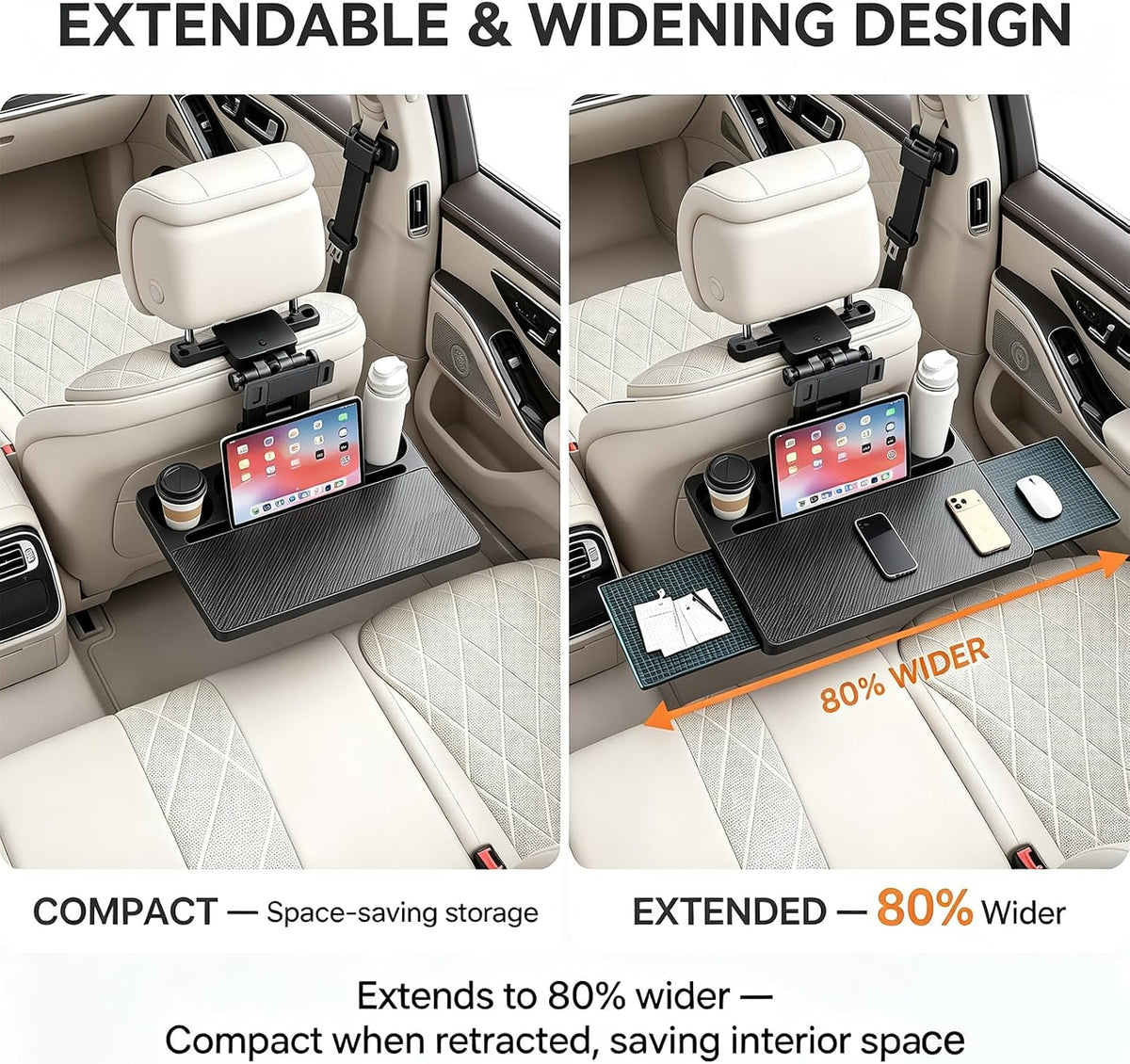 Car Back Seat Table, Foldable Laptop Desk with Adjustable Height