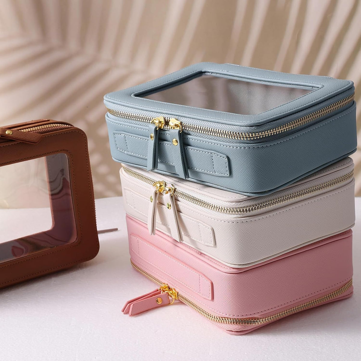SANHECUN Toiletry bag waterproof cosmetic organizer with handle large opening for travelling (Pink)