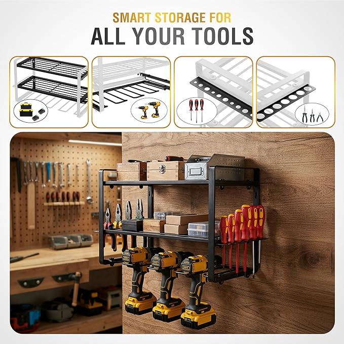Power Tool Organizer Wall Mount - Garage Wall Tool Organizer with Drill Holder, Tool Storage Organizer, Heavy Duty Metal Shelf, Wall Mount Organizer for Garage & Workshop